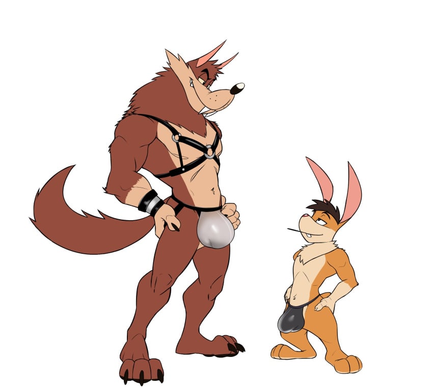 2024 2boys anthro anthro_on_anthro big_bulge billy_buns buckteeth bulge canid canine canis claws clothing duo eyebrows fangs fur hair hands_on_hips hank_howell_(piti_yindee) harness hi_res jockstrap lagomorph leather leporid looking_at_another male male/male male_only mammal muscular muscular_anthro muscular_male narrowed_eyes navel plantigrade rabbit sabertooth_(anatomy) seyrmo simple_background size_difference smile standing teeth thong toony tuft underwear white_background wolf wristband