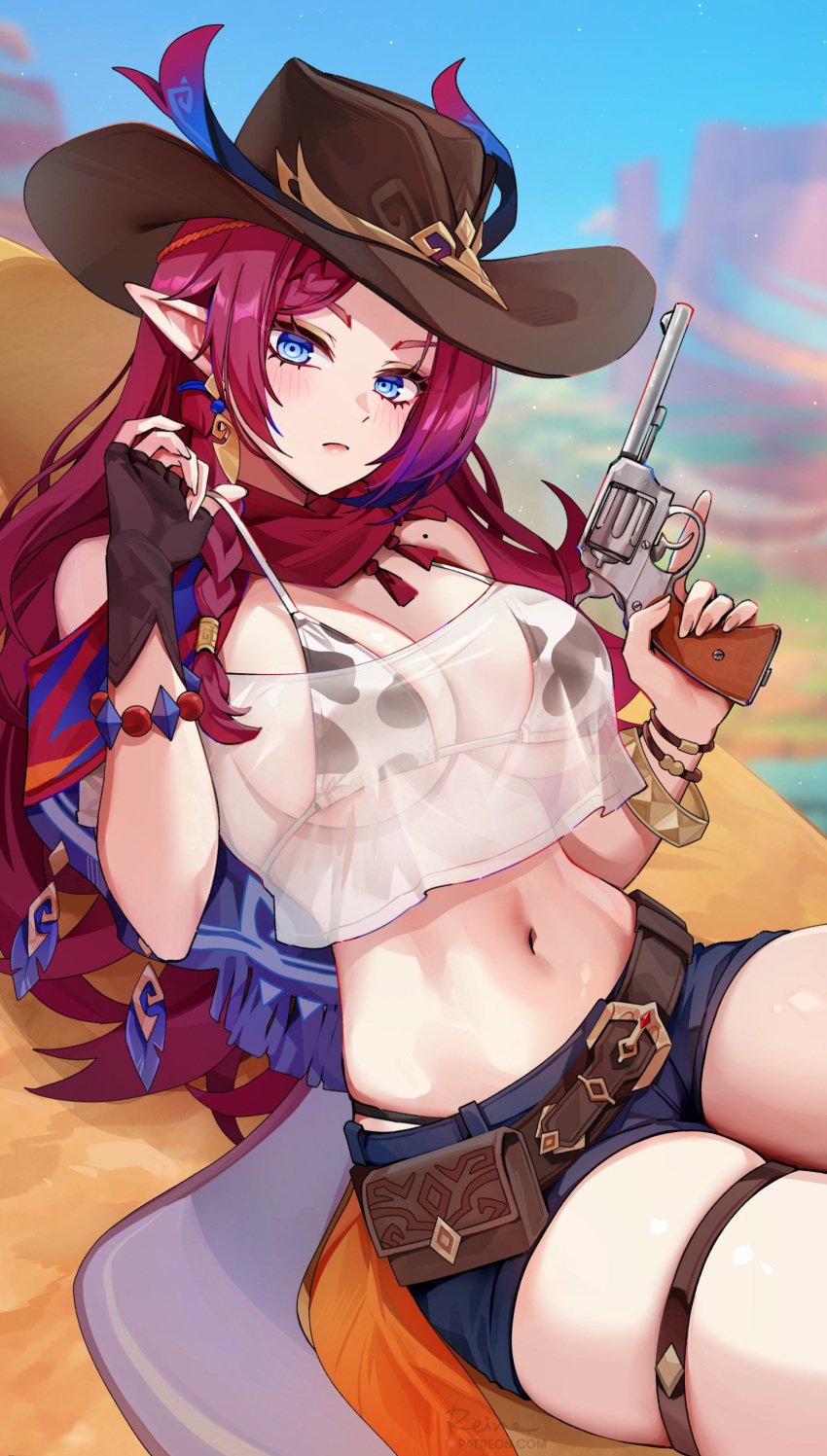 1girls bare_shoulders belt blue_eyes blush bracelets chasca_(genshin_impact) cow_print cow_print_bra cowboy_hat cowkini earings elf_ears foxyreine genshin_impact gun hat hoyoverse large_breasts long_hair looking_at_viewer midriff mihoyo mole pointy_ears red_hair scarf see-through see-through_clothing see-through_top shorts solo solo_focus thick transparent_clothing