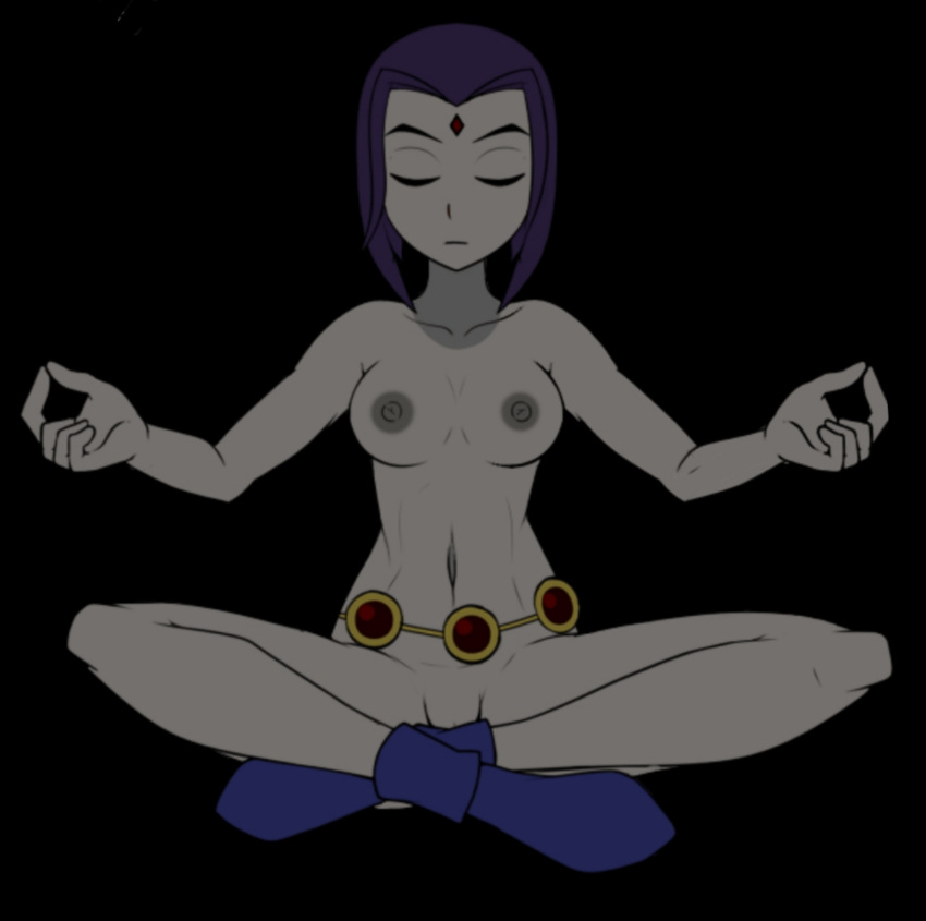 1girls 2d_(artwork) areolae artist_request belt casual female footwear goth human lotus_position meditation nipples nude nude_female pale_skin pussy raven_(dc) solo_female tagme teen_titans teeth