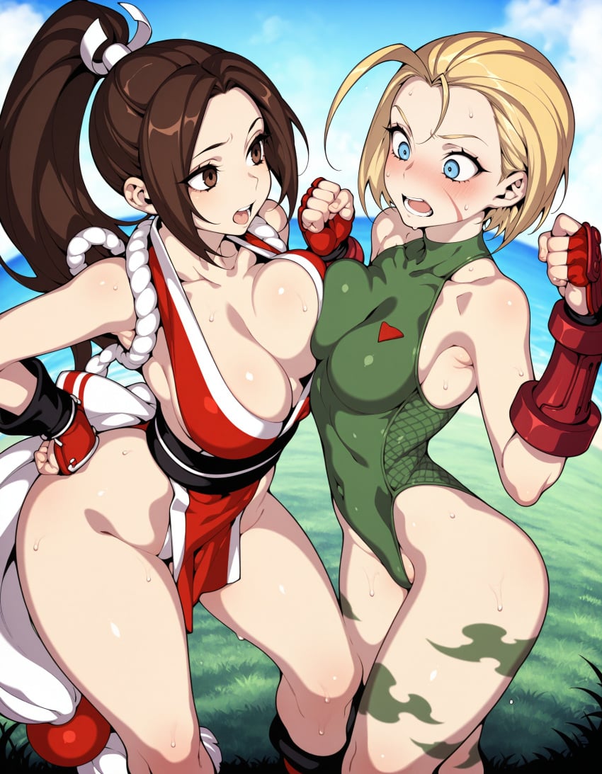 ai_generated blonde_hair blue_eyes breasts brown_eyes brown_hair cammy_white catfight fatal_fury mai_shiranui snk staredown street_fighter tight_clothing titfight yuri