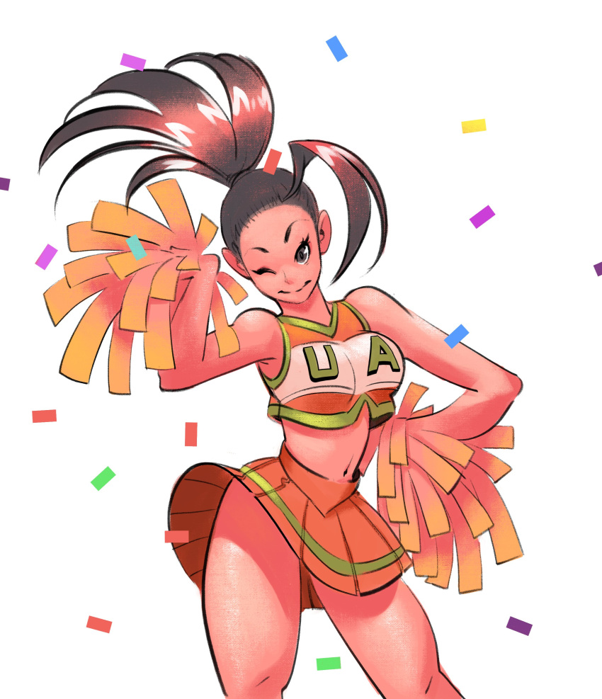 absurdres black_eyes black_hair boku_no_hero_academia cheerleader confetti cowboy_shot crop_top female hand_up highres holding holding_pom_poms looking_at_viewer midriff momo_yaoyorozu my_hero_academia navel one_eye_closed orange_skirt philtomato pleated_skirt pom_pom_(cheerleading) ponytail shirt skirt sleeveless sleeveless_shirt solo u.a._cheerleader_uniform white_background yaoyorozu_momo