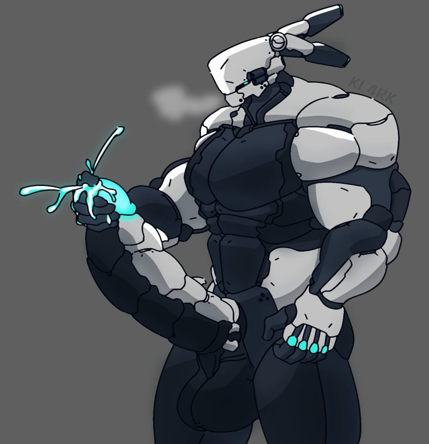 2024 anthro barazoku big_muscles big_penis biped bodily_fluids c0lgh0st cum genital_fluids genitals hi_res huge_cock humanoid_genitalia humanoid_penis lagomorph leporid machine male mammal muscular muscular_anthro muscular_male penis rabbit robot solo standing