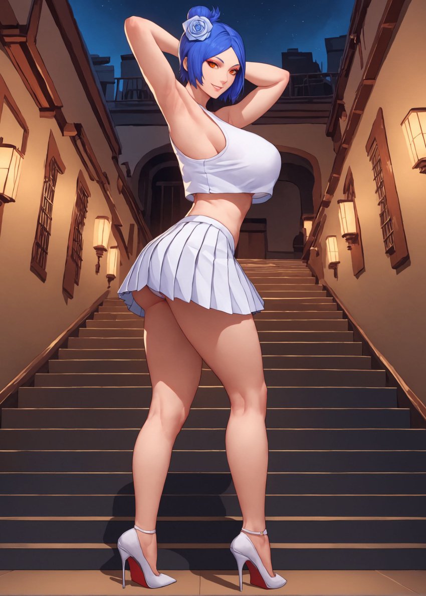 1girls ai_generated alex-schura alley alternate_costume ass ass_focus bare_ass bare_shoulders bare_thighs big_breasts blue_hair blush bubble_ass bubble_butt crop_top curvaceous curvy curvy_body curvy_female curvy_figure dat_ass flower flower_in_hair full_body g-string hanging_breasts heels high_heels hourglass_figure huge_breasts konan large_breasts long_hair looking_at_viewer looking_back looking_back_at_viewer mature mature_female mature_woman midriff milf miniskirt nai_diffusion naruto naruto_(series) naruto_shippuden no_bra oppai orange_eyes orange_hair outdoors panties pinup presenting presenting_ass presenting_hindquarters revealing_clothes sagging_breasts shirt skimpy skimpy_clothes skirt sleeveless sleeveless_shirt solo stable_diffusion stairs thick_ass thick_thighs thighs underass underboob voluptuous