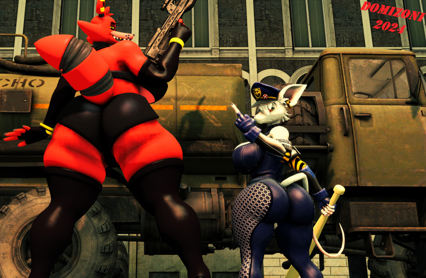 2024 3d_(artwork) animatronic anthro armwear ass baseball_bat bat_(object) big_butt bottomwear canid canine clothing curvy_figure digital_media_(artwork) domizoni duo elbow_gloves female five_nights_at_freddy's fox foxy_(fnaf) frown gesture gloves gun hand_gesture handwear hat headgear headwear hi_res horny_police leg_grab looking_at_viewer looking_back machine mammal middle_finger murid murine officer_flint_(foretbwat) open_mouth pants pinup pose ranged_weapon rat rifle robot rodent scottgames source_filmmaker_(artwork) thigh_grab topwear truck voluptuous voluptuous_female warfare_machine weapon