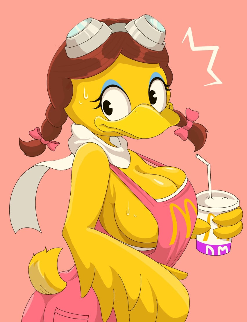 1girls 2024 2024s 2d 2d_(artwork) 2d_artwork anthro avian avian_humanoid beak big_breasts bird bird_girl birdie_the_early_bird black_eyes breasts brown_hair clothed clothing cup digital_art digital_drawing_(artwork) digital_media_(artwork) drink eyelashes feathers female female_focus female_only furry furry_female goggles goggles_on_head hair holding_cup mascot mcdonald's no_bra overalls pink_background scarf simple_background sweatdrop tail twintails twintails_(hairstyle) yellow_feathers zebra10045