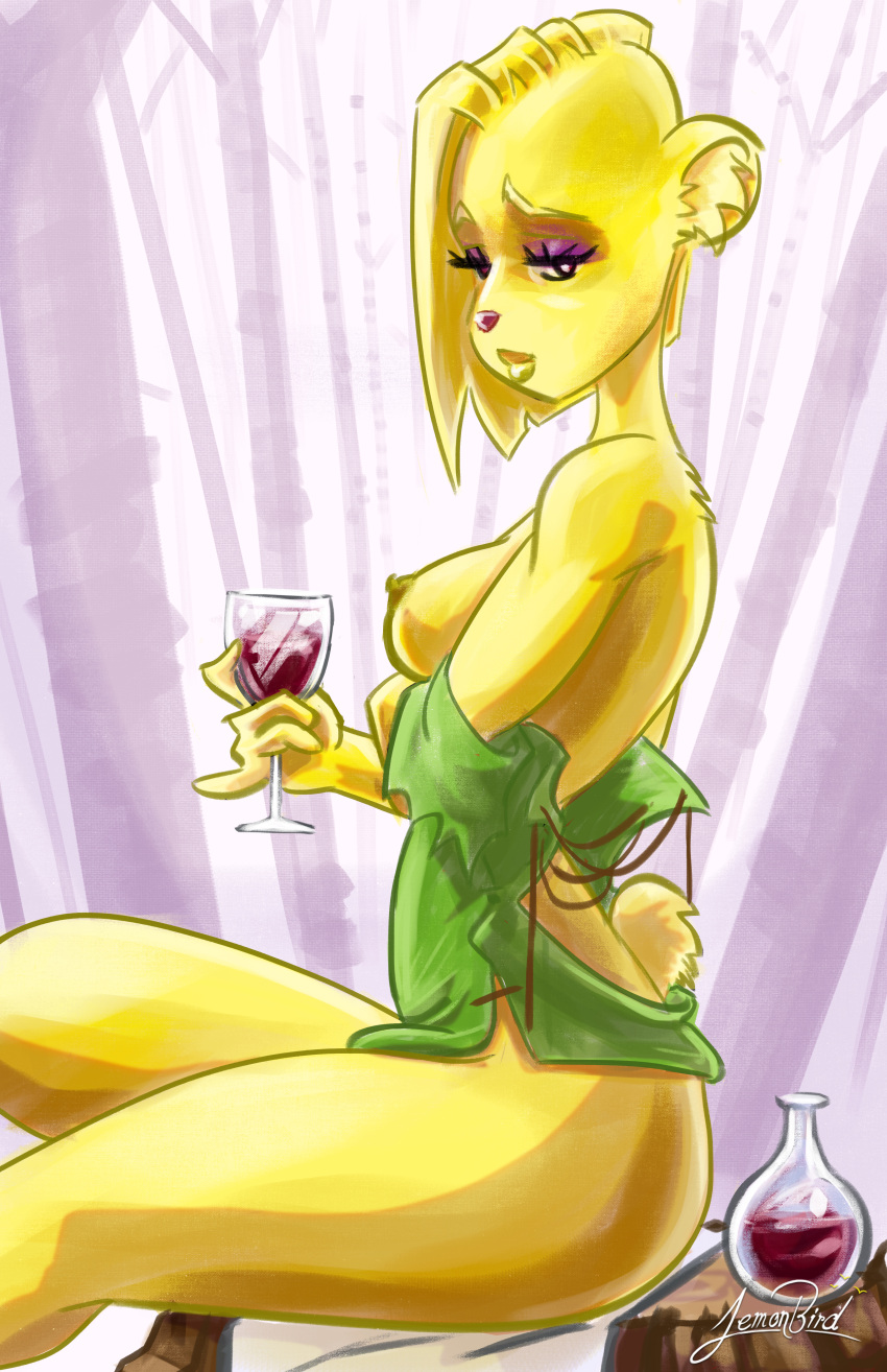2021 5_fingers absurd_res anthro areola bear blonde_eyebrows blonde_hair breasts clothed clothing container cup disney dress drinking_glass eyebrows eyelashes female female_anthro fingers flask forest fur gesture glass glass_container glass_cup green_clothing green_dress gummi_bears hair half-closed_eyes hi_res holding_wine_glass inner_ear_fluff lemonbird lips long_hair looking_at_viewer mammal medium_breasts mouth_closed narrowed_eyes nipples outside partially_clothed partially_clothed_anthro partially_clothed_female pink_nose pinky_out plant purple_eyelashes raised_eyebrow short_tail side_view signature sitting sitting_on_stump solo sunni_gummi tail tree tree_stump tuft undressing wine_glass yellow_areola yellow_body yellow_ears yellow_fur yellow_inner_ear_fluff yellow_lips yellow_nipples yellow_tail