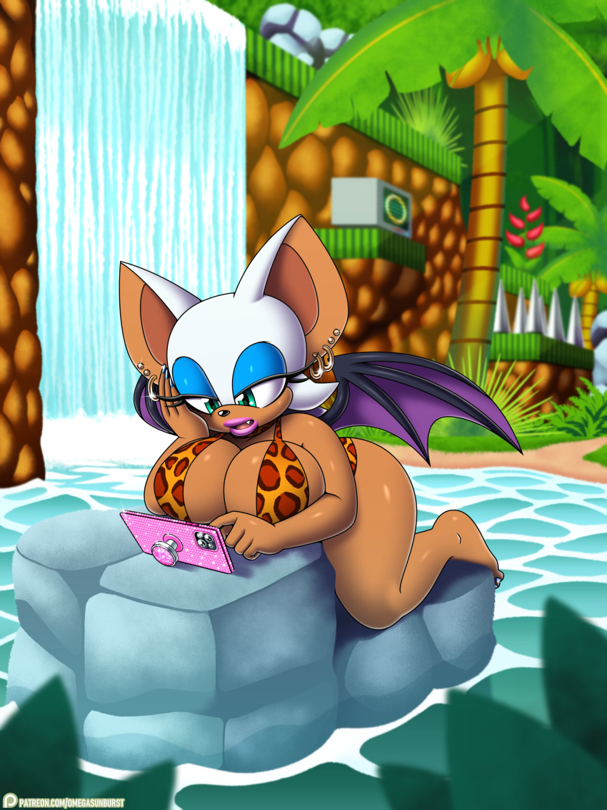 1girls bat bat_wings big_breasts bikini breasts color colored ear_piercing earrings female female_only highres large_breasts line_art lipstick omegasunburst outside patreon patreon_logo patreon_username rouge_the_bat solo solo_female solo_focus sonic_(series) sonic_the_hedgehog_(series) waterfall watermark