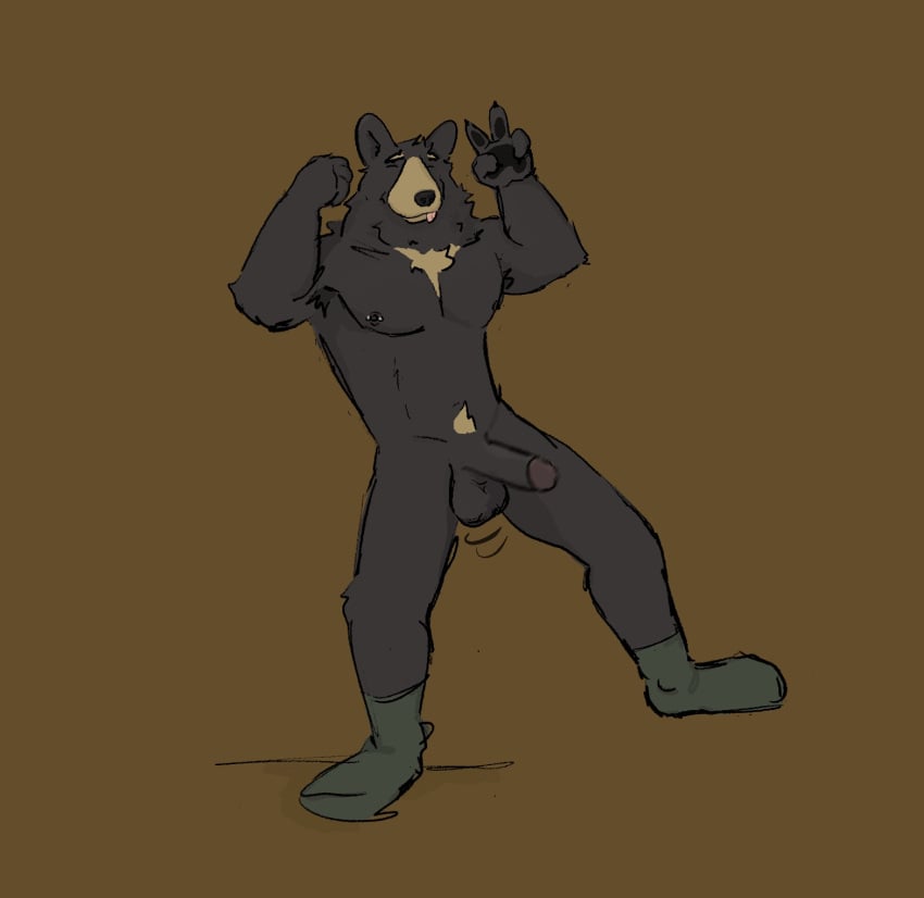 anthro balls bear clothing dickinoatmeal flaccid footwear footwear_only genitals gesture hand_gesture hi_res humanoid male mammal mostly_nude muscular muscular_male neck_tuft nipple_piercing nipples nude penis piercing pose simple_background socks socks_only solo tongue tongue_out tuft v_sign