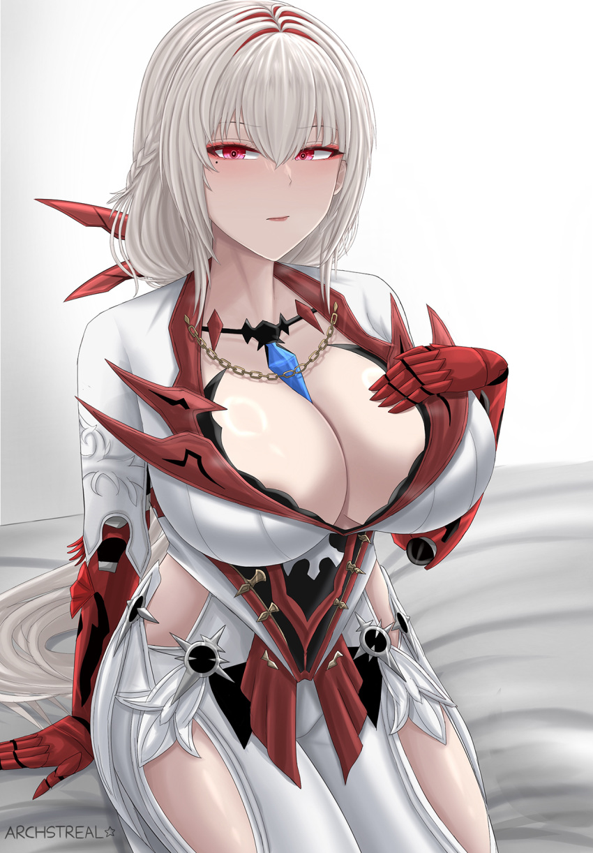 1girls alternate_costume archstreal bed bianca_(punishing:_gray_raven) clothed large_breasts long_hair pale_skin punishing:_gray_raven red_eyes red_hair robot_girl silver_hair sitting solo