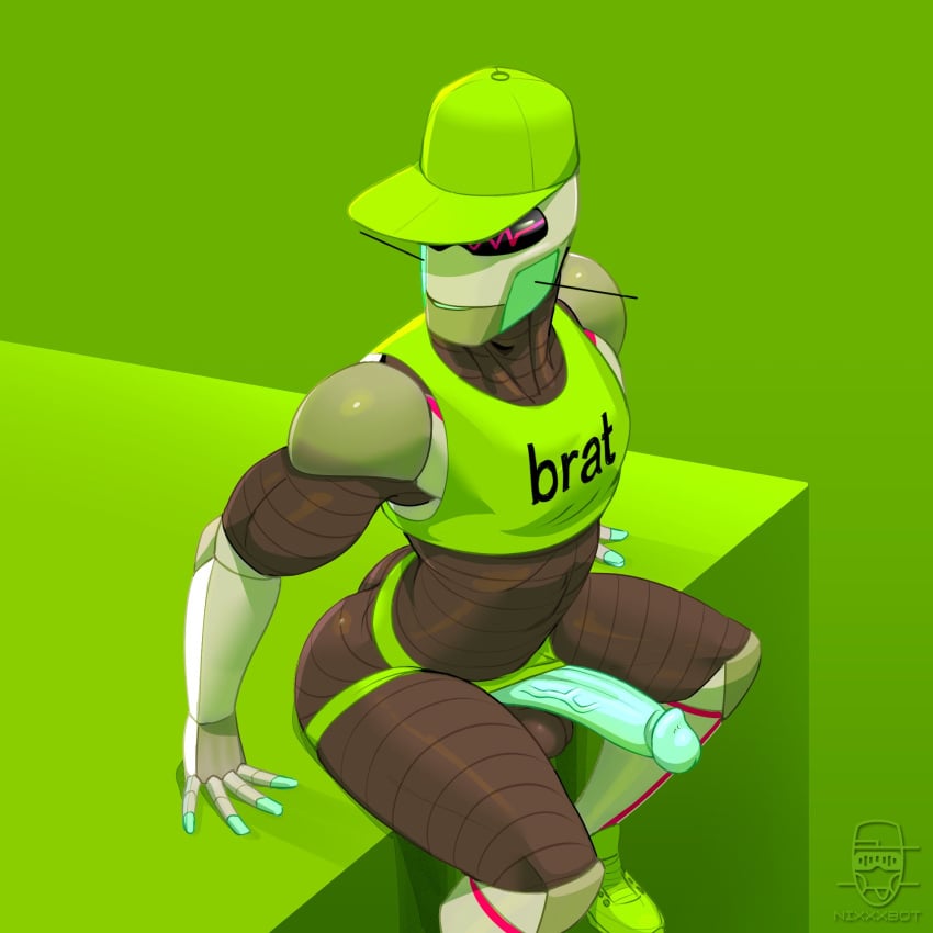 2024 ass balls baseball_cap big_penis brat_(charli_xcx) clothing crop_top dragonclaw36 english_text erection footwear genitals glans green_background green_clothing green_crop_top green_footwear green_hat green_headwear green_jockstrap green_shirt green_shoes green_topwear green_underwear hat headgear headwear hi_res humanoid humanoid_genitalia humanoid_penis jockstrap machine male male_only meme muscular muscular_humanoid muscular_male navel nixxxbot nixxxbot_(character) not_furry penis robot robot_humanoid shirt shoes simple_background sitting smile solo text text_on_clothing text_on_crop_top text_on_shirt text_on_topwear thick_thighs topwear underwear vein watermark