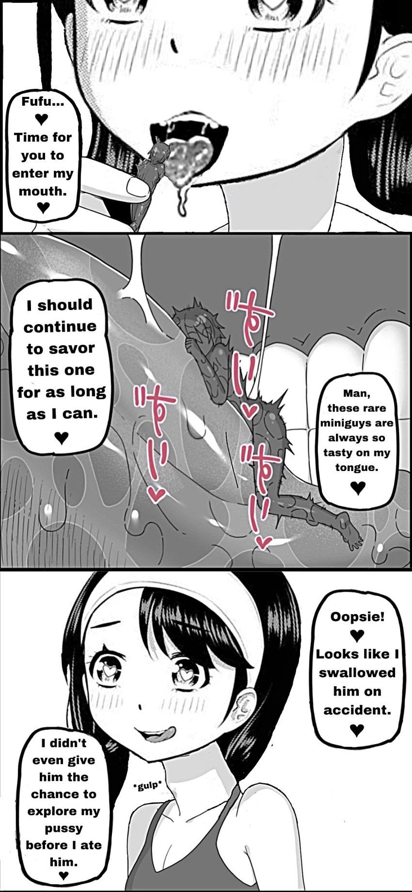 black_and_white black_hair doujinshi heart-shaped_pupils larger_female licking_lips micro miniguy oral_vore smaller_male swallowing tongue_out usagi_kanae vore yankee_jk_kuzuhana_chan