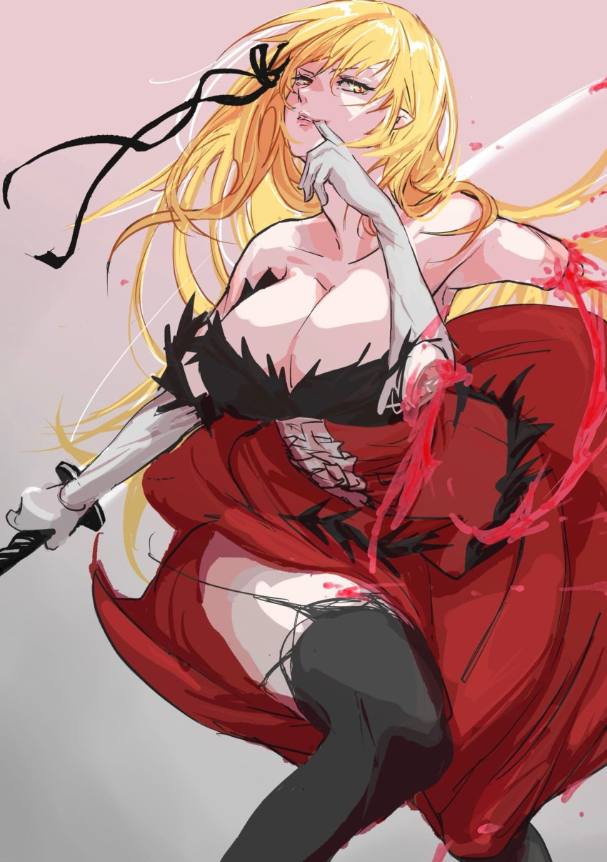 amputee bare_shoulders black_ribbon black_thighhighs bleeding blonde_hair blood breasts center_frills cleavage collarbone dress elbow_gloves feather-trimmed_gloves feather_trim female frills gloves grey_background hair_ribbon hand_to_own_mouth highres holding holding_sword holding_weapon kiss-shot_acerola-orion_heart-under-blade kizumonogatari kokorowatari large_breasts long_hair monogatari_(series) oshino_shinobu pink_lips pointy_ears red_dress ribbon severed_limb simple_background smile solo strapless strapless_dress sword thighhighs torn_clothes torn_thighhighs usa003uni vampire very_long_hair weapon white_gloves yellow_eyes