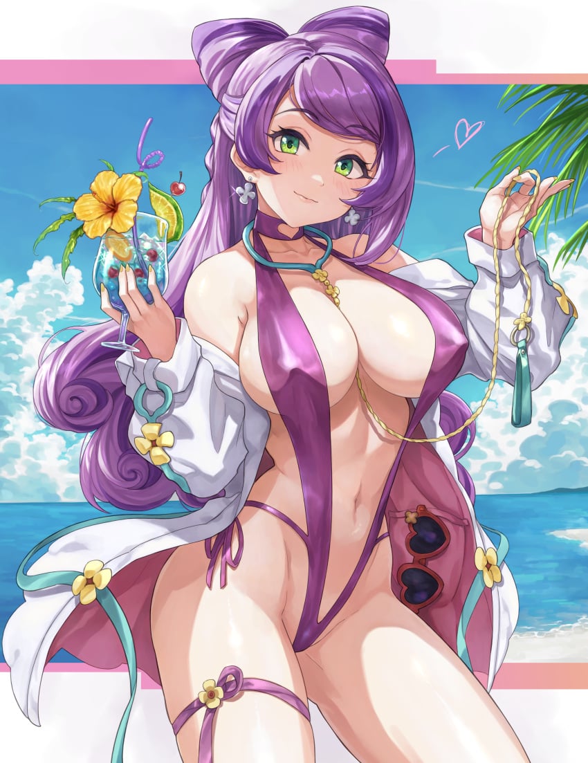 1girls beach big_breasts caee_penguin coat drink game_freak green_eyes holding_drink looking_at_viewer miriam_(pokemon) nail_polish navel nintendo nipple_bulge one-piece_swimsuit pokemon pokemon_sv purple_clothing purple_hair sunglasses swimsuit yellow_nails