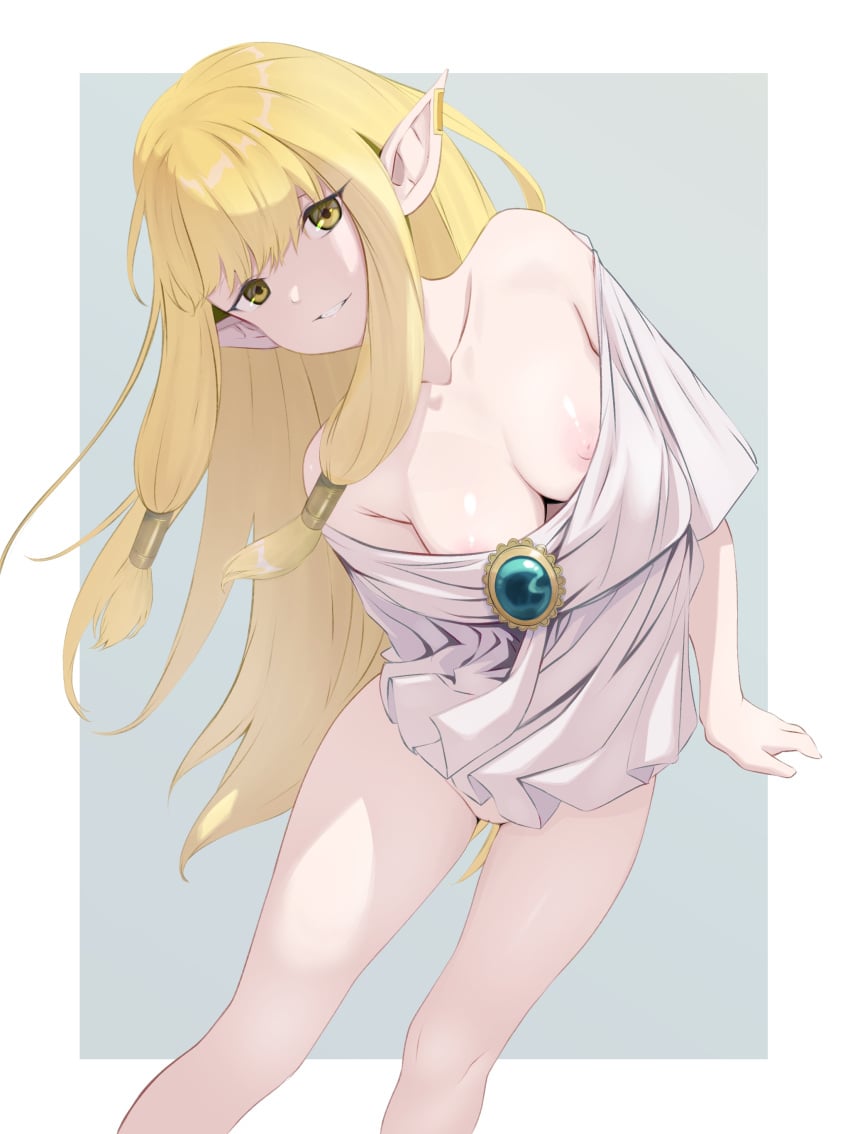 absurdres bare_shoulders blonde_hair breasts commentary_request covered_nipples earclip female hair_tubes highres long_hair looking_at_viewer medium_breasts off_shoulder parted_lips pointy_ears pussy revealing_clothes robe roq serie_(sousou_no_frieren) solo sousou_no_frieren uncensored white_robe yellow_eyes