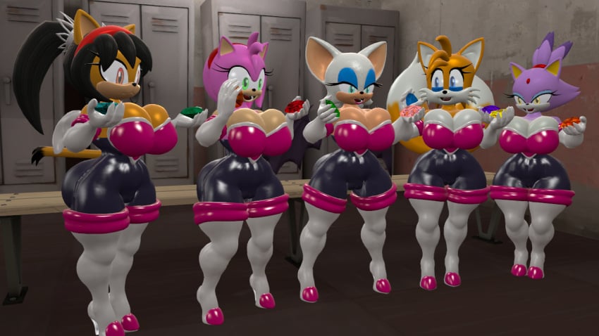 2024 3d 3d_(artwork) 3d_model 5girls amy_rose amy_the_bat big_breasts blaze_the_cat bodysuit breasts cameltoe chaos_emerald club genderswap genderswap_(mtf) girls_only honey_the_cat locker locker_room mobian mobian_(species) mobian_bat neckline rc08 rouge_the_bat rouge_the_bat_(cosplay) rule_63 sega sonic_(series) sonic_adventure_2 sonic_the_hedgehog_(series) spandex_suit tailsko thick_thighs