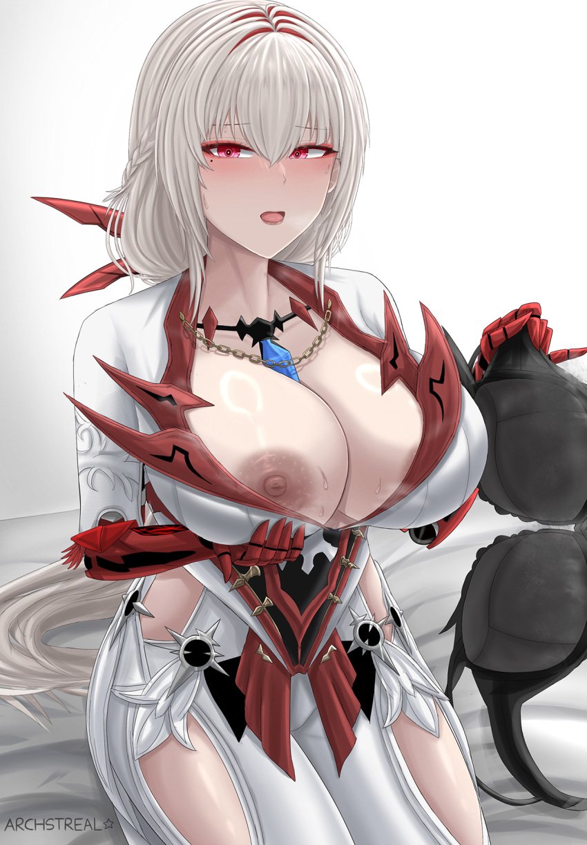 1girls alternate_costume archstreal bed bianca_(punishing:_gray_raven) clothed large_breasts long_hair nipples pale_skin punishing:_gray_raven red_eyes red_hair robot_girl silver_hair sitting solo