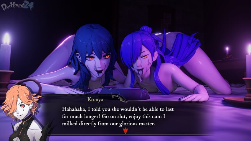 2girls 3d all_fours ass ass_up bare_arms bare_shoulders barefoot big_ass black_nails bowl breast_press breasts byleth_(fire_emblem) byleth_(fire_emblem)_(female) candle completely_nude corruption cum cum_in_container cum_in_mouth cum_on_face cum_on_tongue dochaunt24 eating_cum english_text evil_smile female female_only femdom femsub fire_emblem fire_emblem:_three_houses fire_emblem_warriors:_three_hopes hair_between_eyes hair_over_one_eye harem heterochromia humiliation indoors kneeling kronya_(fire_emblem) long_hair looking_at_viewer looking_to_the_side maledom medium_breasts mind_control multiple_girls multiple_subs nail_polish nintendo nude nude_female open_mouth petplay purple_eyes purple_hair purple_nails red_eyes shez_(female)_(fire_emblem) shez_(fire_emblem) shoulders slave smile sub_dominating_sub teal_hair text text_box tongue tongue_out very_long_hair