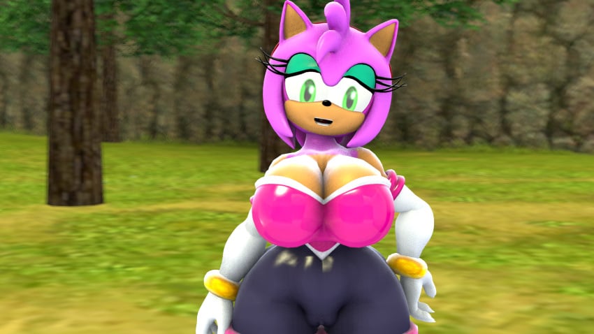 3d_(artwork) amy_rose amy_the_bat big_breasts bodysuit curvy neckline rouge_the_bat_(cosplay) seductive_look sonic_(series) spandex_suit ydnk69