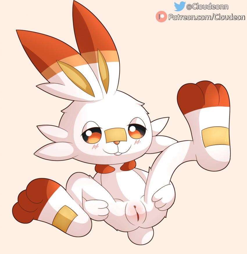 blush cloudeon female feral fur generation_8_pokemon genitals hi_res lagomorph legs_up lying mammal nintendo on_back pink_background pokemon pokemon_(species) presenting presenting_pussy pussy red_eyes scorbunny simple_background solo spread_legs spreading text url white_body white_fur