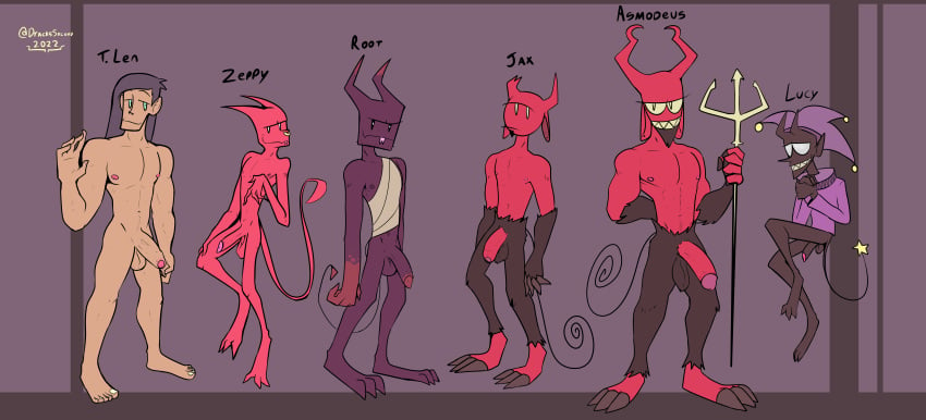 2022 3_toes 5_fingers 5_toes 6boys abs absurd_res anthro asmodeus_(dracks) balls black_balls black_body black_eyes black_foreskin black_fur black_penis bovid broken_horn brown_balls caprine caprine_demon clasped_hands clothing compression_artifacts curled_tail demon dracks facial_hair facial_piercing feet fingernails fingers fool's_hat foreskin fur genitals glans goat_demon goatee green_eyes grin group hair hat headgear headwear hi_res holding_melee_weapon holding_object holding_polearm holding_trident holding_weapon hooves horn human hybrid imp jax_(dracks) jester looking_at_viewer lucy_(dracks) male male_human mammal melee_weapon model_sheet nails navel nipples nose_piercing nose_ring nude partially_retracted_foreskin pecs penis piercing pink_glans pink_nipples polearm purple_balls purple_body purple_foreskin purple_nipples purple_penis purple_skin red_body red_feet red_foreskin red_horn red_nipples red_penis red_skin retracted_foreskin ring_piercing root_(dracks) sharp_teeth smaller_version_at_source smile standing star_tail t._len_(dracks) tail tan_balls tan_body tan_feet tan_foreskin tan_penis tan_skin teeth toenails toes toga topwear trident unretracted_foreskin weapon yellow_sclera zeppy_(dracks)