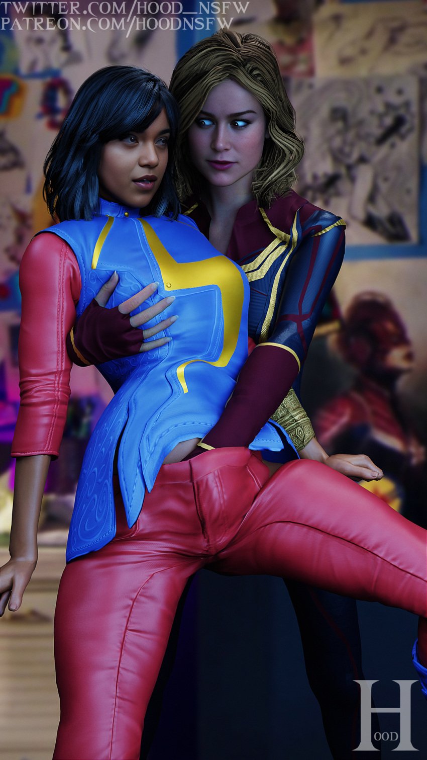 2girls 3d age_difference black_hair blonde_hair brie_larson captain_marvel carol_danvers chocolate_and_vanilla clothed clothed_sex dark-skinned_female dark_skin female female_only fingering fingering_under_clothes human human_only iman_vellani interracial interracial_yuri kamala_khan light-skinned_female light_skin looking_at_partner marvel marvel_cinematic_universe ms._marvel sfm_hood superhero superheroine the_marvels yuri