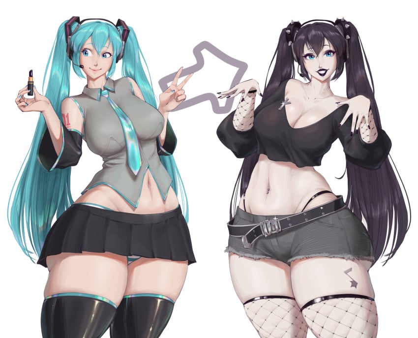 1girls before_and_after cleavage female goth gothified hatsune_miku large_breasts revealing_clothes standing steely_bird transformation vocaloid white_background wide_hips