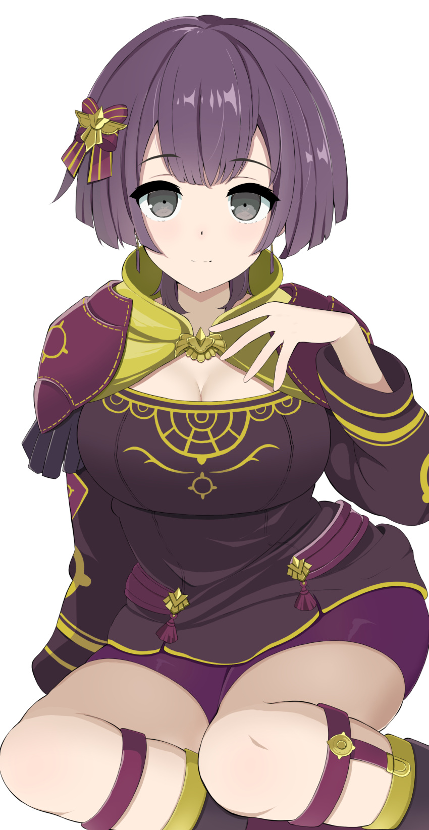 1girls 2d 2d_(artwork) 2d_artwork absurdres alternate_breast_size bernadetta_von_varley bike_shorts breasts capelet cleavage digital_art digital_drawing digital_drawing_(artwork) digital_media digital_media_(artwork) digital_painting_(artwork) earrings female fire_emblem fire_emblem:_three_houses grey_eyes hair_ornament hi_res high_resolution highres jewelry kocha_(jgug7553) large_breasts long_sleeves nintendo open_mouth purple_hair purple_shorts short_hair short_shorts shorts simple_background smile solo thighhighs white_background