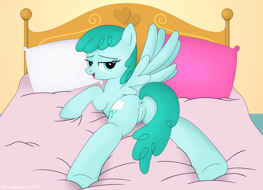 anus ass bed bedroom_eyes blue_eyes blue_hair bluemeganium cutie_mark equine feathers female friendship_is_magic furry hair half-closed_eyes hooves inside long_hair looking_at_viewer looking_back lying mammal my_little_pony open_mouth pegasus presenting pussy raised_tail rear_view smile solo sprinkle_medley wings