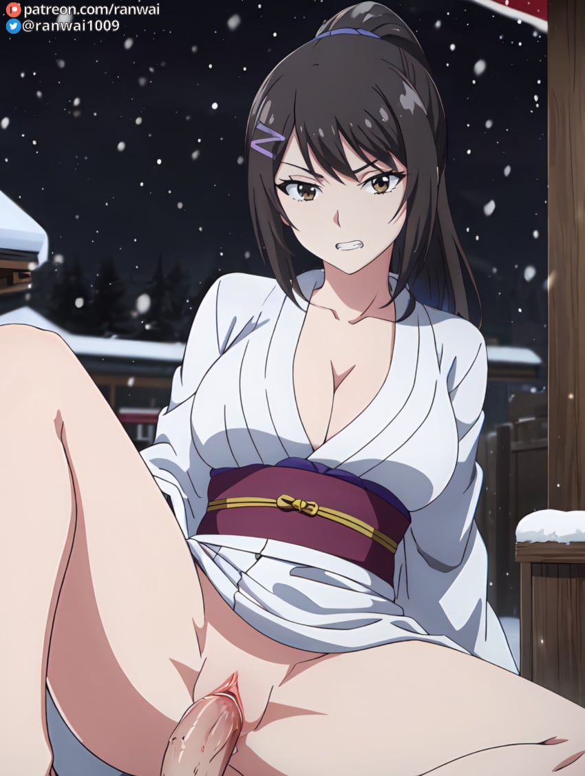 ai_generated anime black_hair brown_eyes chabashira_sae classroom_of_the_elite clenched_teeth cowgirl_position kimono large_breasts ranwai sex stable_diffusion vaginal_penetration vaginal_sex youkoso_jitsuryoku_shijou_shugi_no_kyoushitsu_e