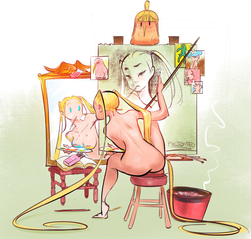 absurdly_long_hair absurdres aqua_eyes blonde_hair bold_and_brash_(spongebob_squarepants) book completely_nude female fine_art_parody from_behind highres holding holding_paintbrush knee_up long_hair looking_at_viewer mirror no_nose nude open_book original paintbrush painting_(action) palette_(object) parody philtomato pot reflection signature smoke solo stool triple_self-portrait_(norman_rockwell) twintails very_long_hair