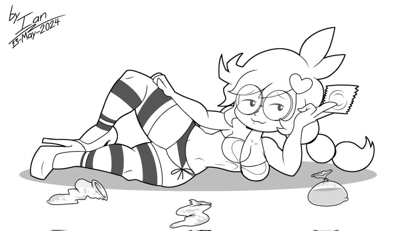 bikini_top black_and_white black_and_white_bikini black_and_white_panties black_and_white_socks commission condom_balloon glasses heels high_heels iquestx_commissions nintendo penny_crygor raccoonmugen smiling used_condom used_condoms warioware