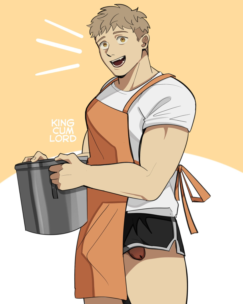 1boy apron artist_name bara black_shorts brown_hair cowboy_shot dolphin_shorts dungeon_meshi english_commentary hands_up highres holding kingcumlord laios_touden looking_at_viewer male male_focus male_only masculine open_mouth orange_apron penis penis_peek shirt short_hair short_sleeves shorts solo undercut white_background white_shirt yellow_background yellow_eyes