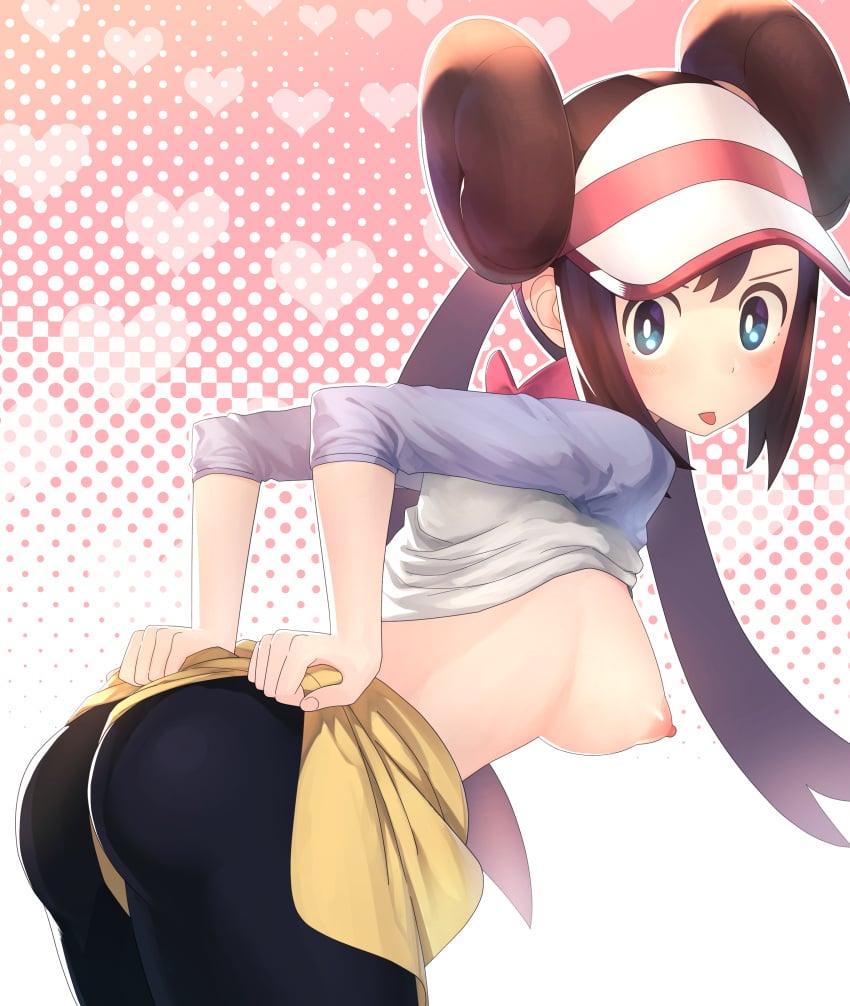 1girls absurd_res ass black_legwear blue_eyes blush breasts brown_hair clothes_lift cowboy_shot creatures_(company) double_bun female game_freak gradient_background hat heart hi_res leaning_forward long_hair looking_at_viewer looking_back medium_breasts nintendo nipples pantyhose pokemon pokemon_(game) pokemon_bw2 rosa_(pokemon) shirt_lift short_shorts shorts sidelocks solo standing tights tongue tongue_out twintails visor_cap xin_lan_deng