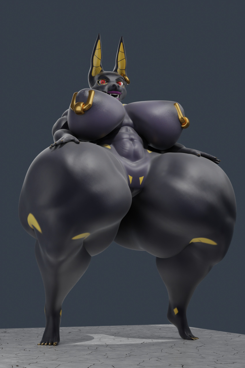 anthro areola ass big_breasts big_butt breasts canid canine canis digital_media_(artwork) female hi_res huge_breasts huge_butt huge_thighs jackal looking_at_viewer mammal nipples nude raguda simple_background solo thick_thighs wide_hips