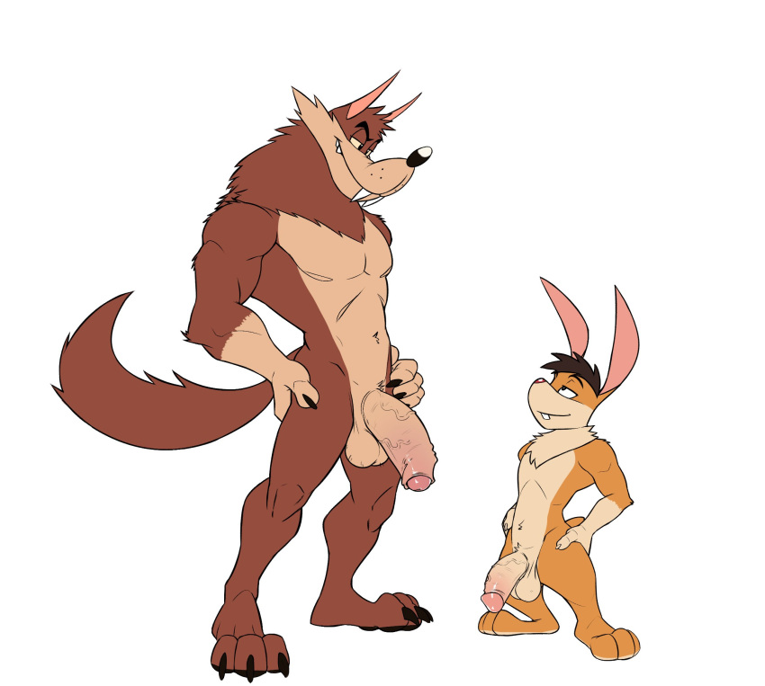 2024 2boys anthro anthro_on_anthro balls big_balls big_penis billy_buns buckteeth canid canine canis claws duo eyebrows fangs foreskin fur genitals glans hair half-erect hands_on_hips hank_howell_(piti_yindee) hi_res humanoid_genitalia humanoid_penis lagomorph leporid looking_at_another male male/male male_only mammal muscular muscular_anthro muscular_male narrowed_eyes navel nude penis plantigrade rabbit sabertooth_(anatomy) seyrmo simple_background size_difference smile standing teeth toony tuft vein white_background wolf