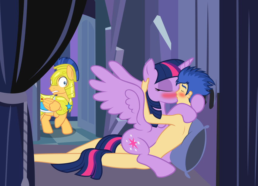 2014 absurd_res alicorn armor badumsquish bed blue_eyes blue_hair blush correct_artstyle cutie_mark equestria_girls equine female flash_sentry friendship_is_magic galea hair headgear helmet hi_res horn hug human kissing lying male mammal my_little_pony nude sex straight surprised twilight_sparkle_(mlp) two_tone_hair wings