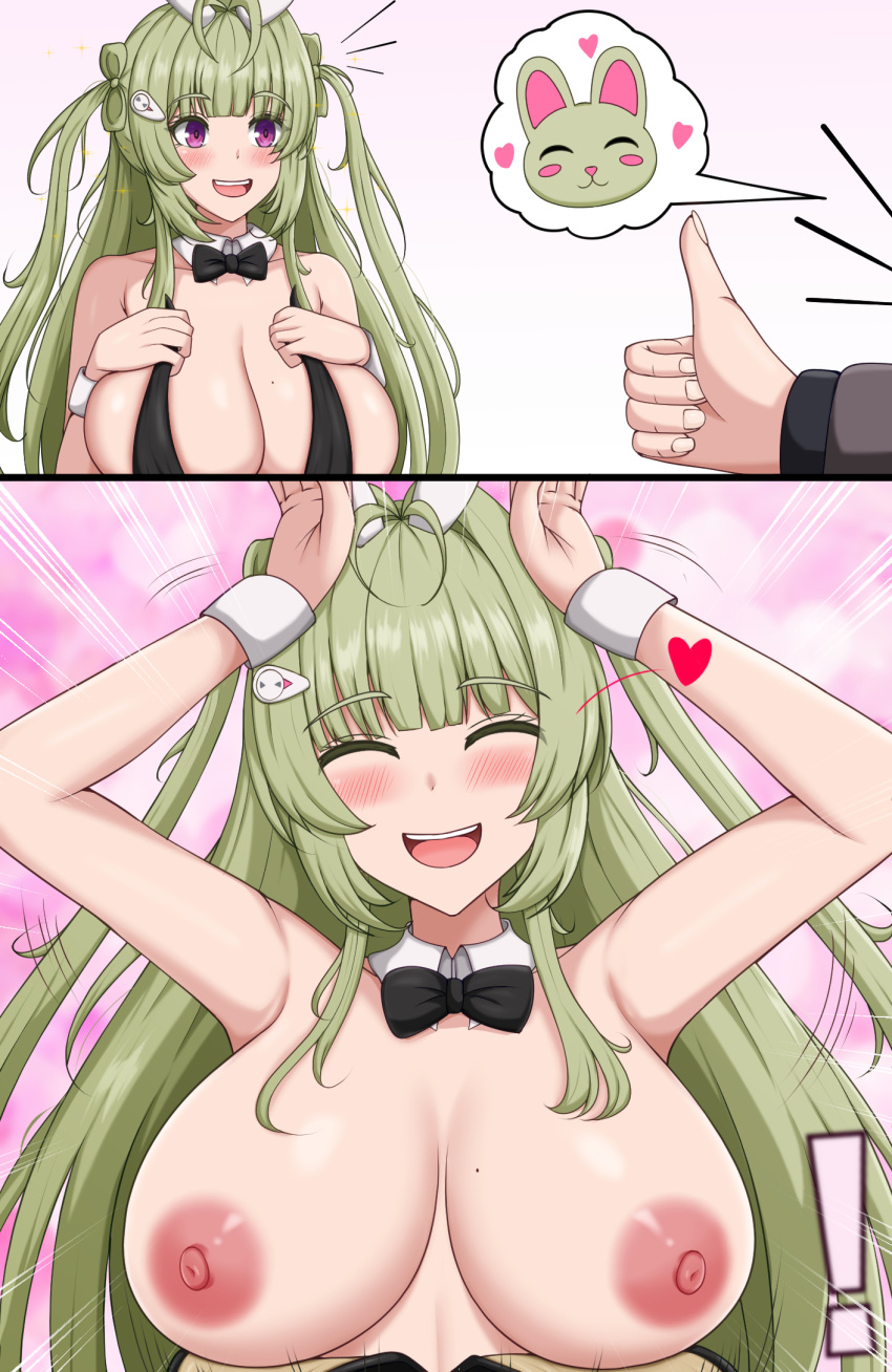 1boy :d accidental_exposure animal_ears antenna_hair arms_up black_bow black_bowtie black_leotard bowtie breasts breasts_out closed_eyes commander_(nikke) detached_collar fake_animal_ears female goddess_of_victory:_nikke green_hair heart heart_antenna_hair large_breasts leotard long_hair mole mole_on_breast nipples open_mouth pink_eyes playboy_bunny rabbit_ears rabbit_pose rabbitttt smile soda_(nikke) soda_(twinkling_bunny)_(nikke) strapless strapless_leotard twintails wrist_cuffs