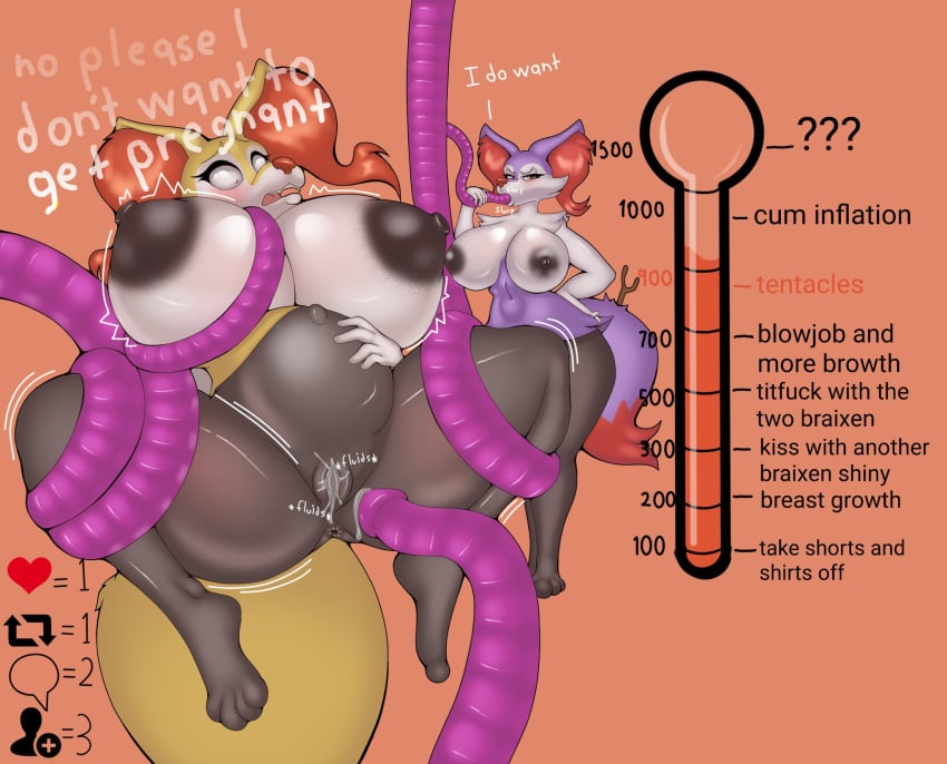 anthro big_belly big_breasts braixen breasts cumflation duo elzorrogomita english_text female foxgumie fur genitals hi_res huge_breasts nintendo penetration pokémon_(species) pokemon pokemon_(species) purple_body purple_fur pussy red_eyes sex shiny_pokemon tentacle tentacle_penetration tentacle_sex text white_body yellow_body yellow_fur