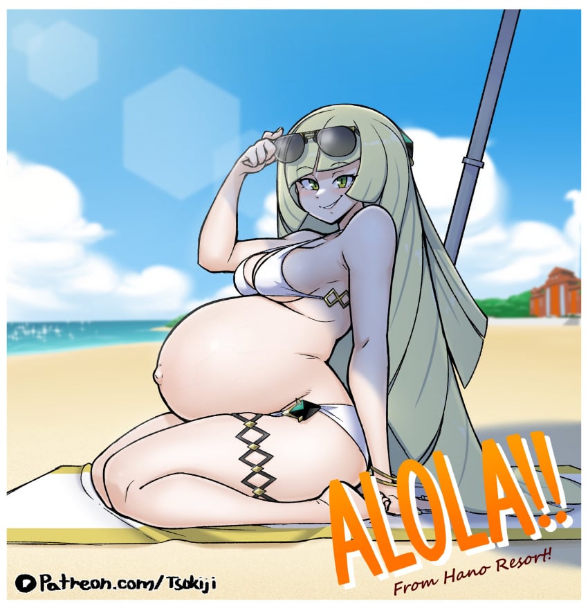 beach beach_towel belly belly_button bikini bikini_bottom bikini_top blonde_hair blush breasts color green_eyes hi_res kneeling lens_flare line_art looking_at_viewer lusamine_(pokemon) outie_navel pokemon pokemon_sm postcard pregnant pregnant_belly pregnant_female sunbathing sunglasses sunglasses_on_head sunny tagme towel tsukiji vein veiny veiny_belly watermark yellow_hair