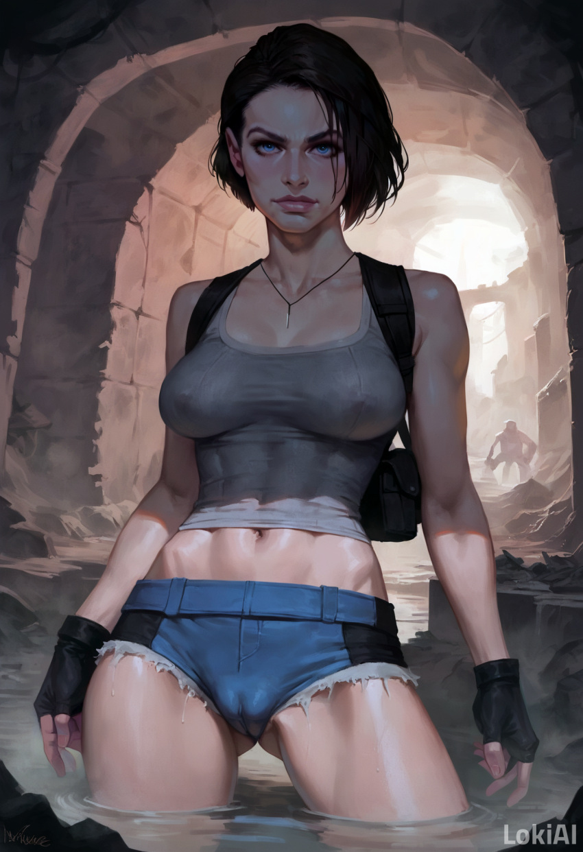 abs ai_generated belly blue_eyes cameltoe clothed clothed_female female female female_focus female_only gloves jill_valentine legs lokiai looking_at_viewer necklace nipples_visible_through_clothing resident_evil seductive short_hair shorts smirk smirking stable_diffusion tactical_gear thighs