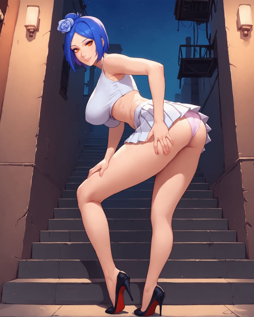 1girls ai_generated alex-schura alley alternate_costume ass ass_focus bare_ass bare_shoulders bare_thighs bent_over big_breasts blue_hair blush brown_hair bubble_ass bubble_butt crop_top curvaceous curvy curvy_body curvy_female curvy_figure dat_ass flower flower_in_hair full_body g-string hanging_breasts heels high_heels hourglass_figure huge_breasts konan large_breasts long_hair looking_at_viewer looking_back looking_back_at_viewer mature mature_female mature_woman midriff milf miniskirt nai_diffusion naruto naruto_(series) naruto_shippuden no_bra oppai orange_eyes orange_hair outdoors panties pinup presenting presenting_ass presenting_hindquarters revealing_clothes sagging_breasts shirt skimpy skimpy_clothes skirt sleeveless sleeveless_shirt solo stable_diffusion stairs thick_ass thick_thighs thighs underass underboob voluptuous