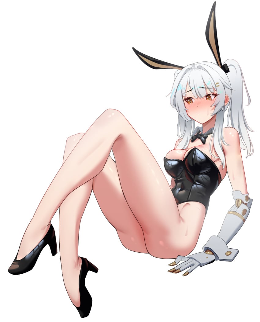 1girls blush bunny_ears bunnysuit clothed clothing full_body high_heels karenina_(punishing:_gray_raven) nyanom punishing:_gray_raven robot_girl solo twintails white_hair yellow_eyes