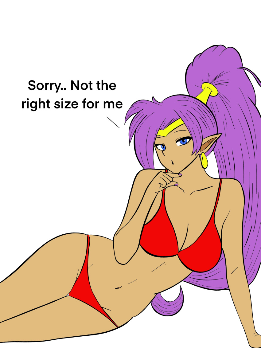 1girls bikini english_text fallzart female female_only humiliation pinching_gesture shantae shantae_(character) small_penis_gesture small_penis_humiliation solo tagme text