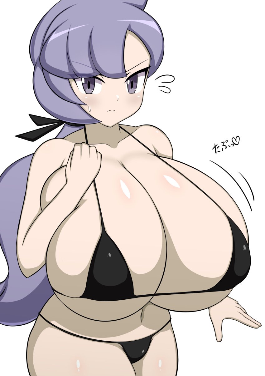 1girls anabel_(pokemon) belly_button big_breasts blush breasts breasts_bigger_than_head creatures_(company) digital_art digital_drawing digital_drawing_(artwork) digital_media digital_media_(artwork) digital_painting_(artwork) female female_only game_freak heart highres huge_breasts human hyper hyper_breasts jaga334 nintendo pokemon pokemon_trainer purple_hair solo sweat