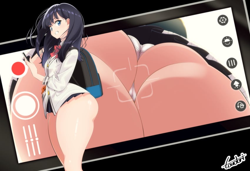 artist_name ass black_hair black_skirt bottom_heavy bow bowtie cameltoe cellphone cellphone_camera close-up clueless female gridman_universe holding_phone huge_ass large_thighs multiple_views red_bow red_bowtie signature skirt small_breasts smile solo ssss.gridman takarada_rikka thighs toudori unaware