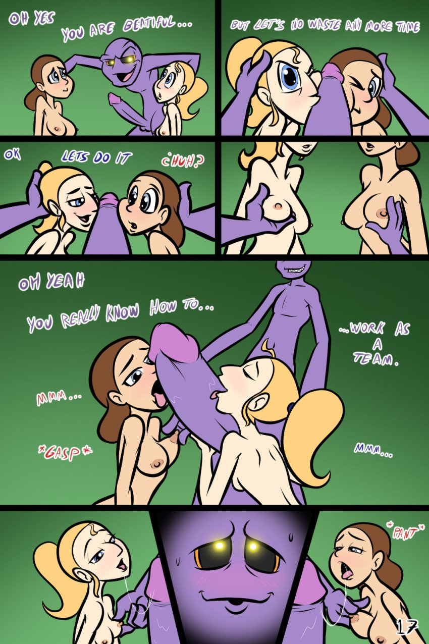 blonde_hair blowjob brown_hair comic english_text female lord_sarloc lucy lucy_kitten lucykitten lucykitten01 mushroom page_10 page_number sarloc threesome