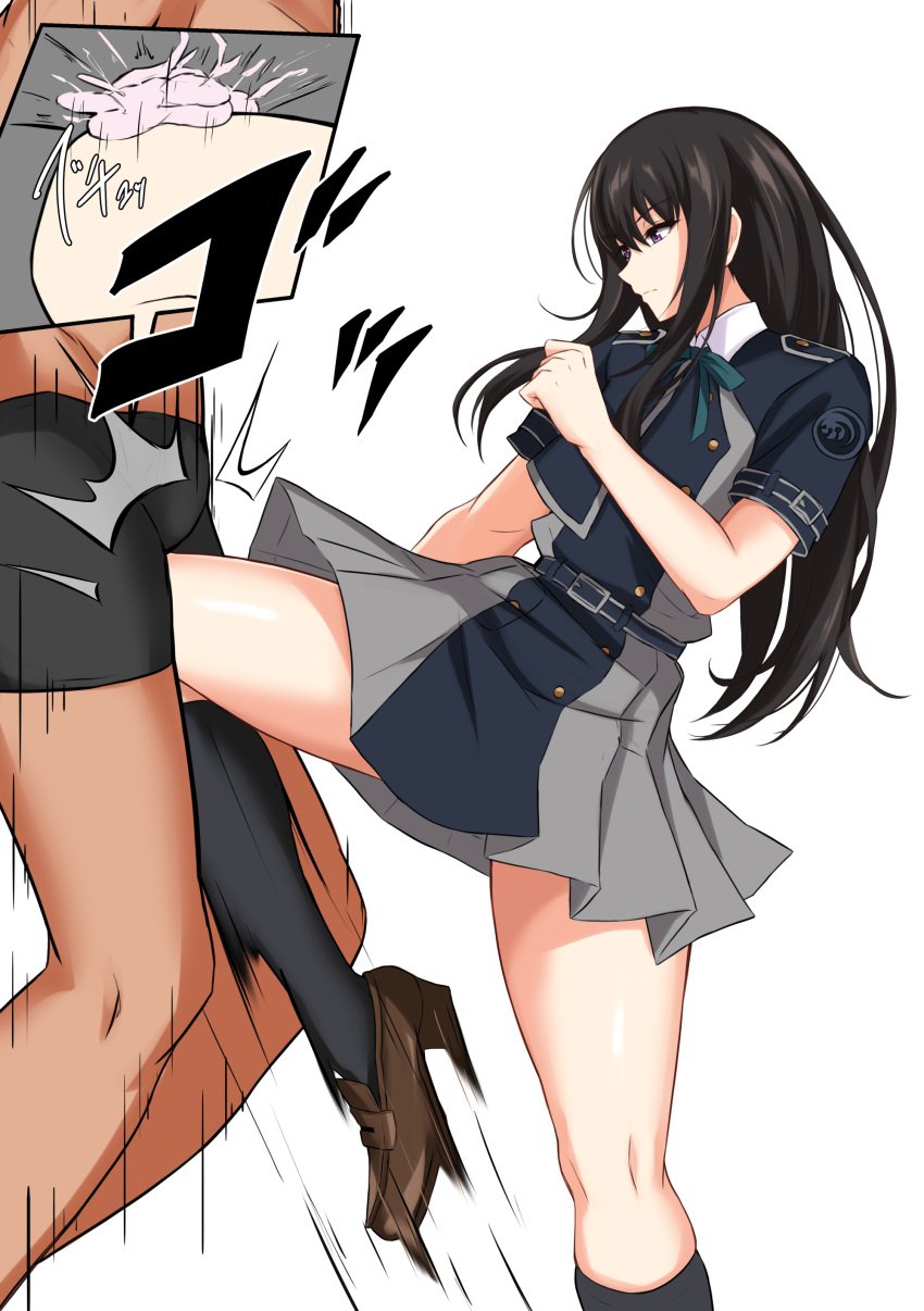 1boy absurdres ball_kick ballbusting black_dress black_hair black_shorts brown_footwear castration crotch_kick dress female grey_dress highres inoue_takina kneehighs kneeing long_hair lycoris_recoil pleated_dress shoes short_dress short_sleeves shorts sidelocks socks standing standing_on_one_leg sterilization sterilized testicular_assault thighs two-tone_dress very_long_hair watarase_piro