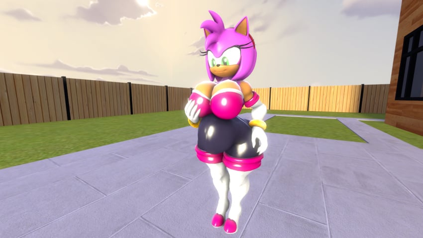 3d_(artwork) amy_rose amy_the_bat big_breasts bodysuit chubby_female megacheese neckline rouge_the_bat_(cosplay) sonic_(series) spandex_suit