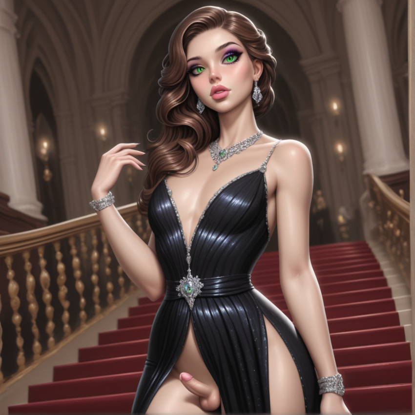 1boy 1femboy ai_generated brown_hair dress elegant elegant_dress femboy flat_chest flat_chested girly green_eyes jewelry lpyxel makeup original original_character self_upload slit_dress small_balls small_penis solo thick_lips thick_thighs wide_hips