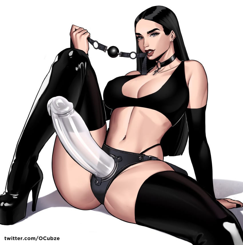 ball_gag black_ball_gag black_hair choker clear_dildo cleavage dildo dominatrix gag heel_boots heels high_heels inviting_to_sex lara_(otto_cubze) latex otto_cubze stockings strap-on